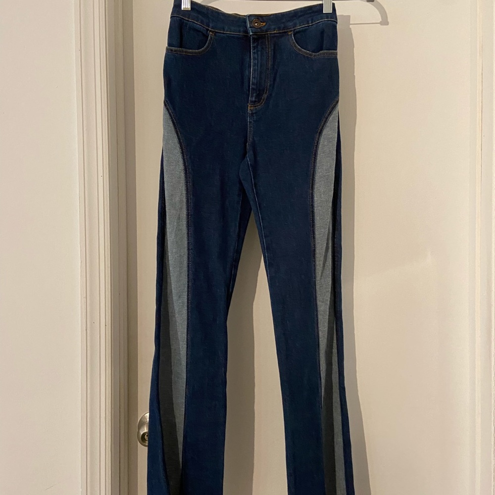 We The FREE PEOPLE Blue PATCHWORK Panels HI RISE Boho FLARE Stretch JEANS